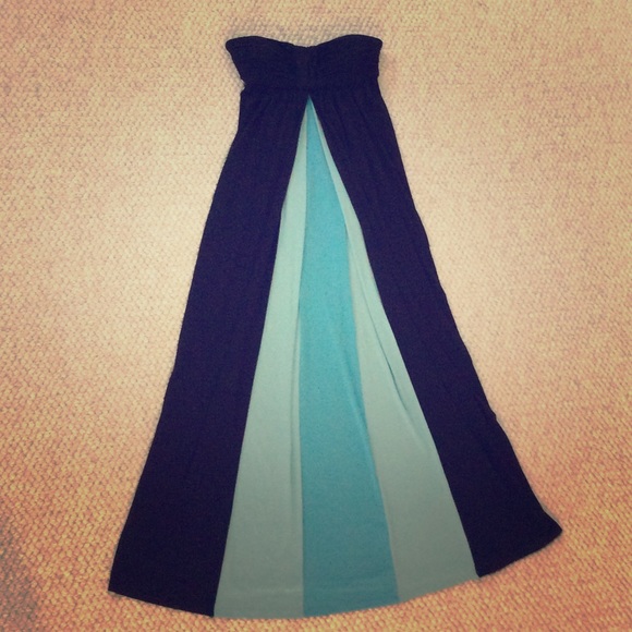 BCBG long black dress with a pop of blues