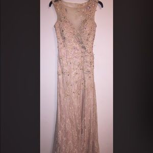 Nude sequined prom dress with a split