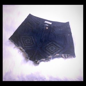 Dark denim cut off shorts with Aztec print
