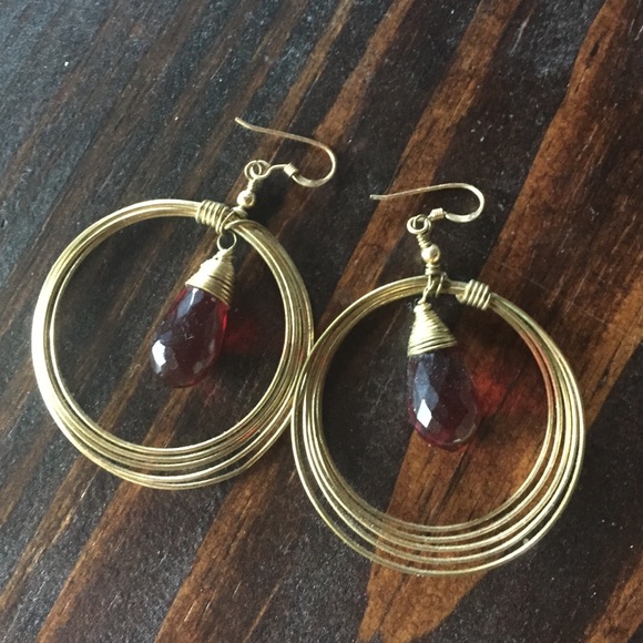 Ruby tinted gemstone gold hoops