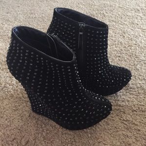 Black Faux Suede Crystal Rhinestone Wedge Booties