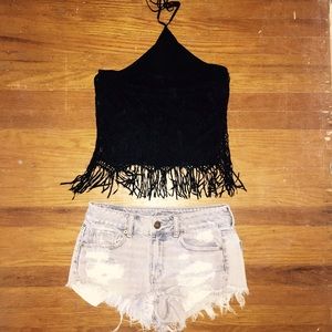 EXPRESS - Lacey Midriff Halter with Sexy Fringe