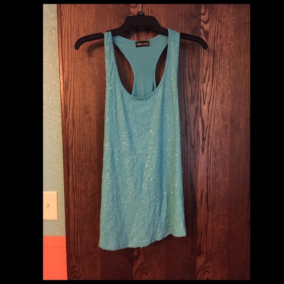Blue sequin racer back tank top