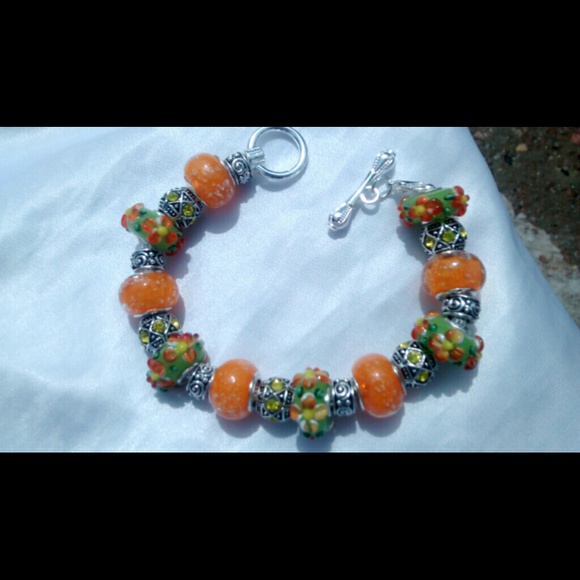 Orange and Green Murano Glass Bead Bracelet