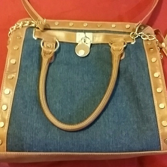 Cute blue jean and tan bag