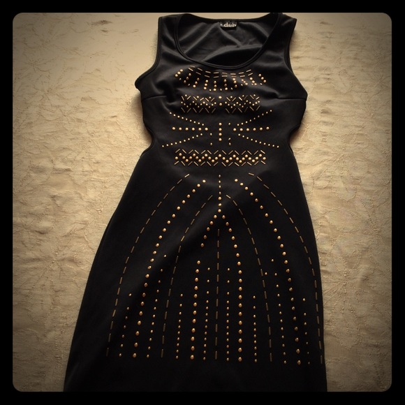 Black bodycon short dress with bronze beading