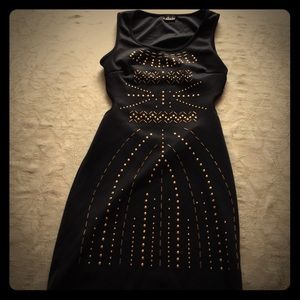 Black bodycon short dress with bronze beading
