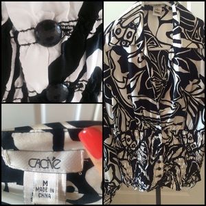 Silk black and white Caché long sleeve blouse Med