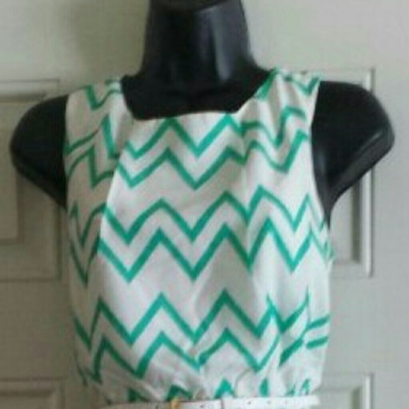 Mint/white chevron dress with skinny belt - Picture 2 of 3