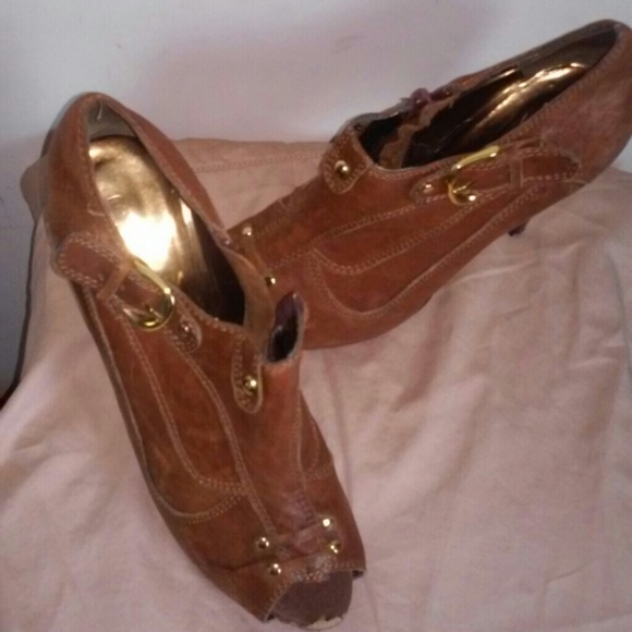 Camel peep toe bootie