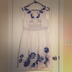 White Pleated Antonio Milani Dress w/ blue details