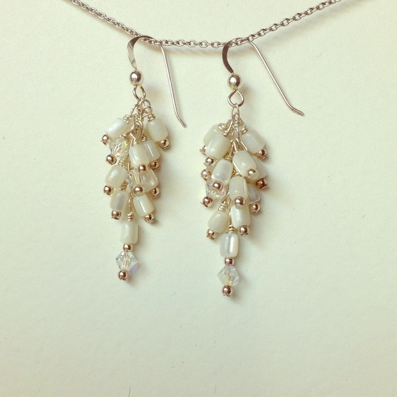 White bead Swarovski crystal dangle drop earrings