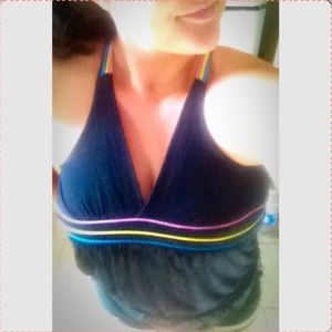Lg. Deep V-Cut Black Tank- pink,yellow,blue trim