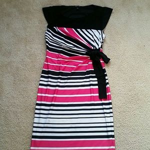 Hot Pink Black White Striped Faux Wrap Dress