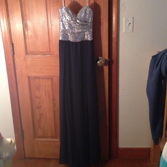 Prom dress silver sequin top navy sheer bottom - Picture 1 of 1