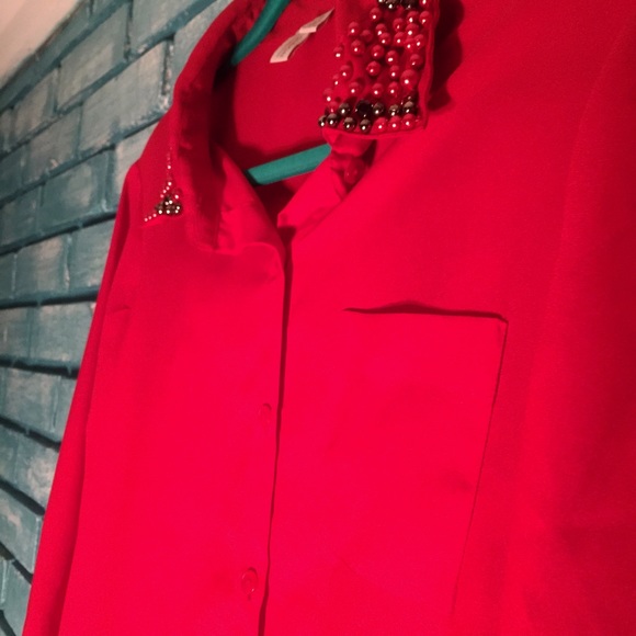 Madison Red Button Up Shirt with Bejeweled Collar - Picture 3 of 4