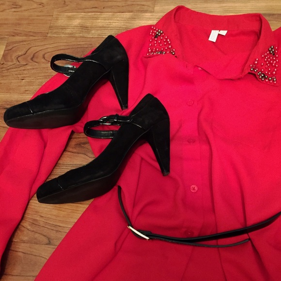 Madison Red Button Up Shirt with Bejeweled Collar - Picture 1 of 4