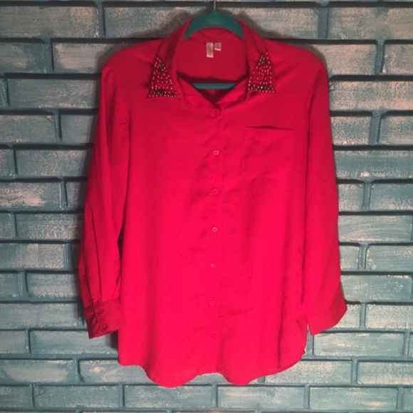 Madison Red Button Up Shirt with Bejeweled Collar - Picture 2 of 4