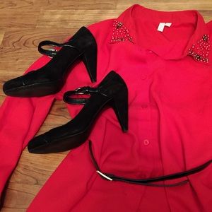 Madison Red Button Up Shirt with Bejeweled Collar