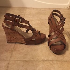 Brown leather wedges with cork heel -- very cute!