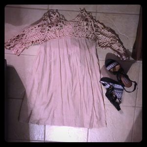 Crochet detailing tan shift dress