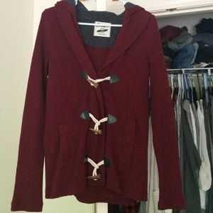 Red rope tie cardigan with hood