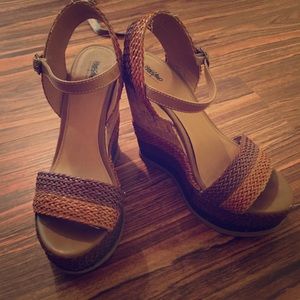 Brown and tan strap wedges