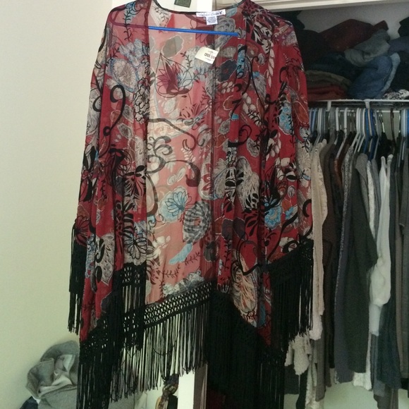 Tops - Red print kimono