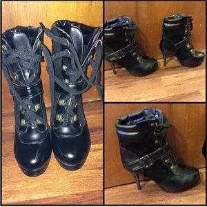 Black Laced Bootie Combat Ankle Boots Heels