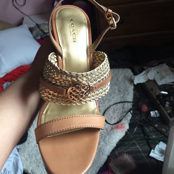 7.5 brown & gold coach wedges