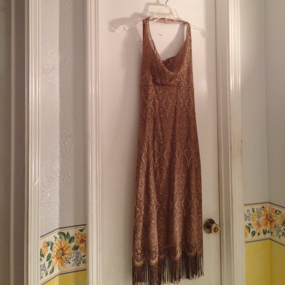 Dresses & Skirts - Gold glitter halter dress with fringe Dresses & Skirts - Gold glitter halter dress with fringe