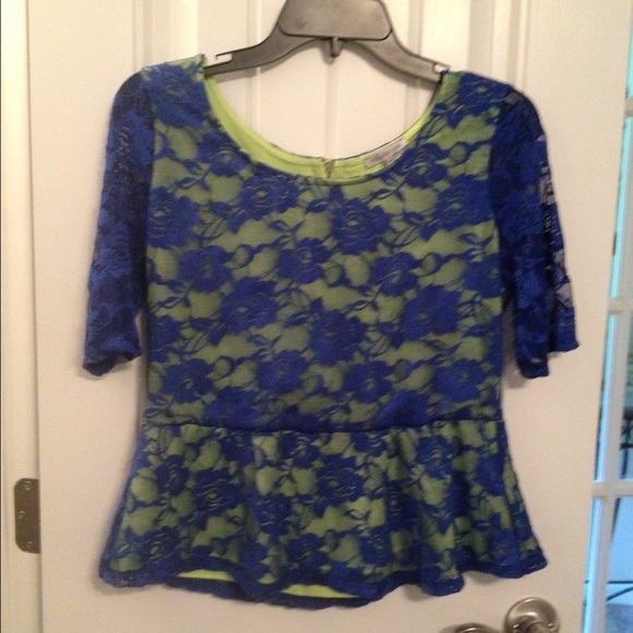 Lime green and royal blue lace peplum shirt