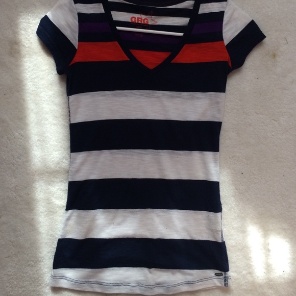 navy blue, white, red, purple striped top v neck.