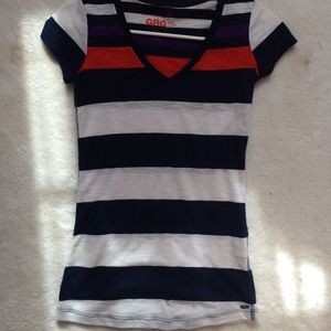 navy blue, white, red, purple striped top v neck.