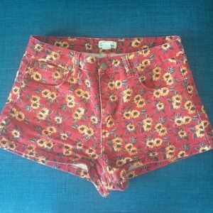 Sunflower print denim shorts