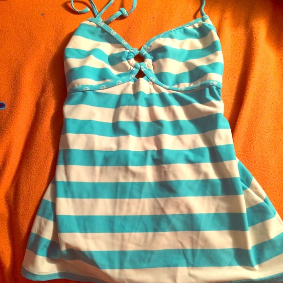 Blue and white striped tankini bathing suit top