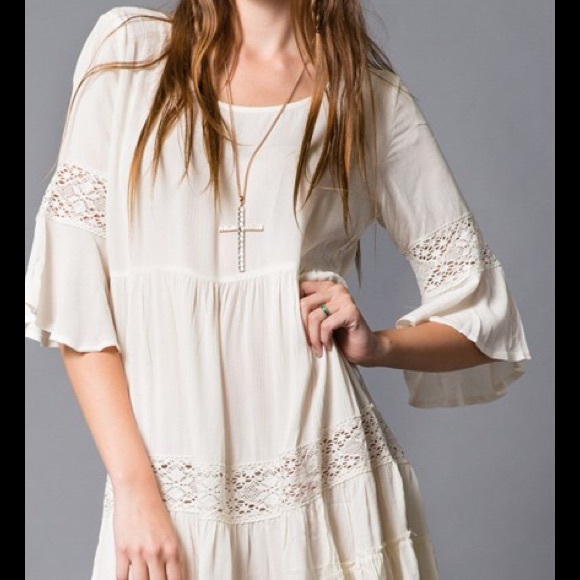 Boho Crochet Lace Inset Flowy Cotton Dress - Picture 4 of 4