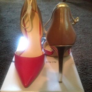 A pink, brown and bronze ankle strap heel