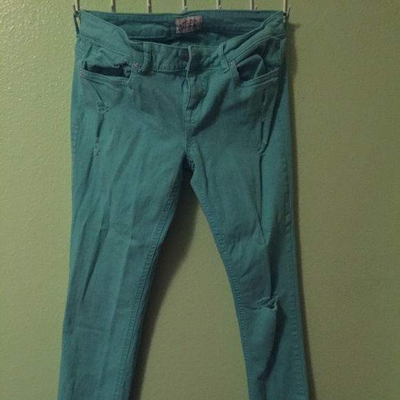 Teal distressed skinny jeans - Picture 1 of 1