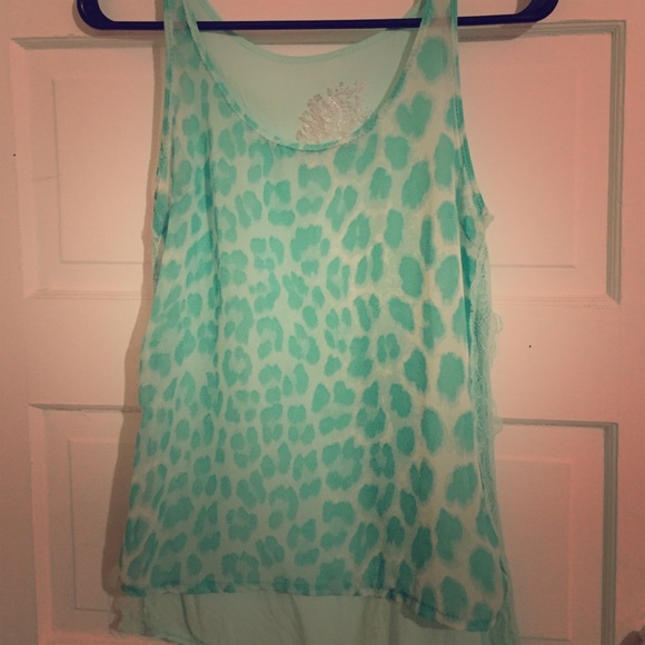 Teal cheetah print sheer blouse with lace accent