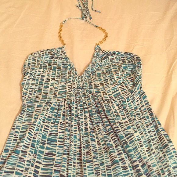 Teal patterned halter top with gold chain halter