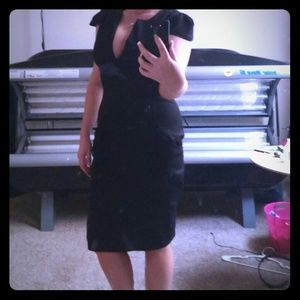 Black stretch deep v neck dress with pockets