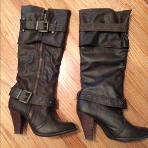 Brown faux leather knee-high boots