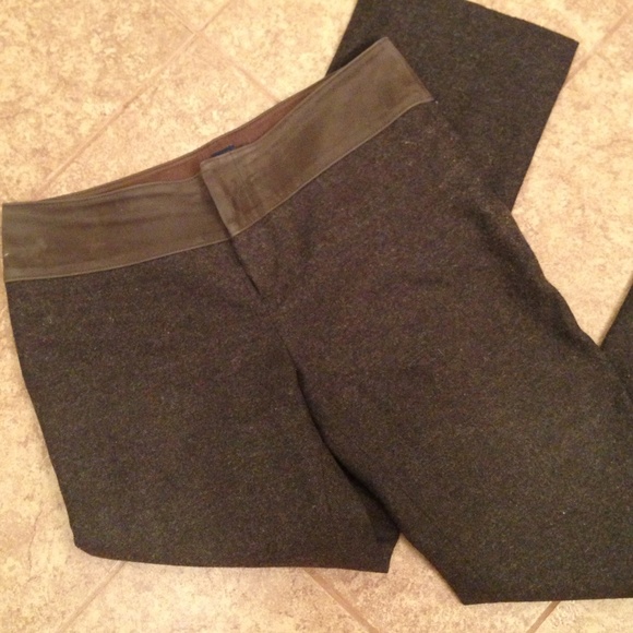 Brown Wool Pants with Leather Trim