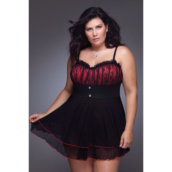 Other - Plus Size Red Gathered Lace Babydoll Lingerie