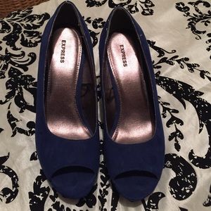 Express blue suede wedges