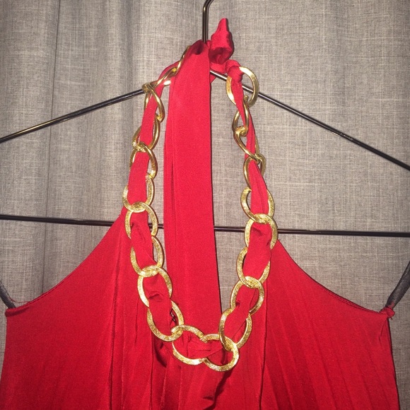 Red Halter Pleated Dress - Picture 2 of 4