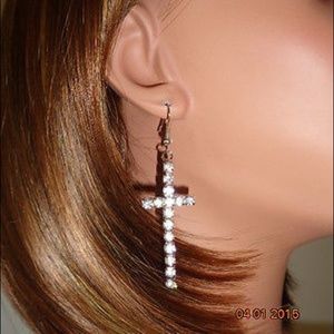 Silver Rhinestone Cross Dangle Hook Earrings