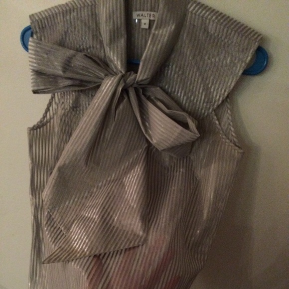❌SOLD❌ Transparent Striped Gray Bow Shirt Blouse - Picture 4 of 4