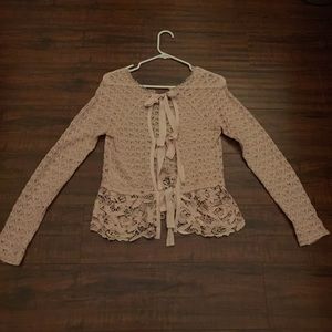Free People Bow Back Pink Sweater Lace Crochet